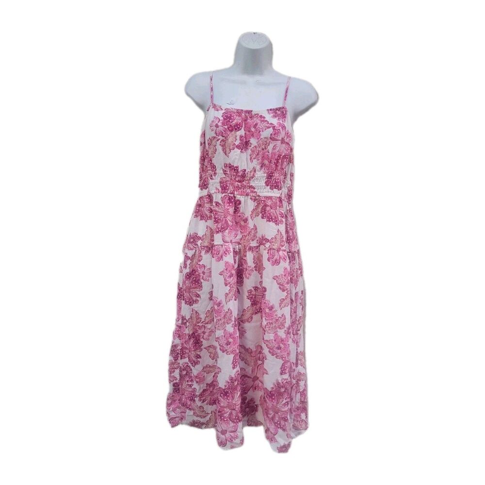 OLD NAVY Floral Linen Blend Midi Cami Dress Smocked Pink/wht Sz M Beachy Coastal
